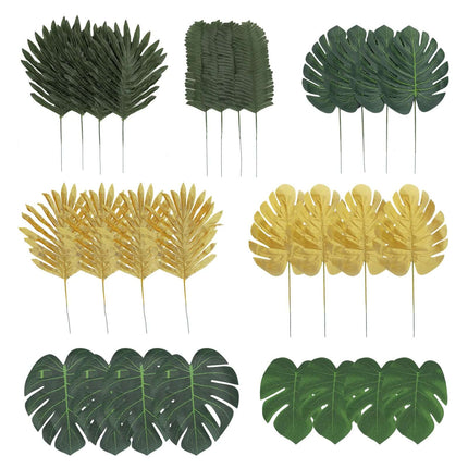 AliKopy 28 Pack Green & Gold Silk Monstera Leaves - Assorted Jungle De