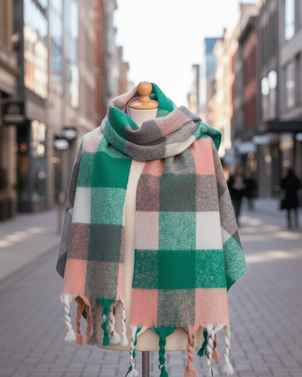 Cozy Colorful Plaid Shawl with Elegant Tassels