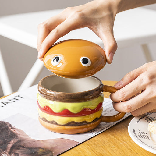 Hamburger-Themed Ceramic Breakfast Cup with Lid - 300mL Fun Morning Mug