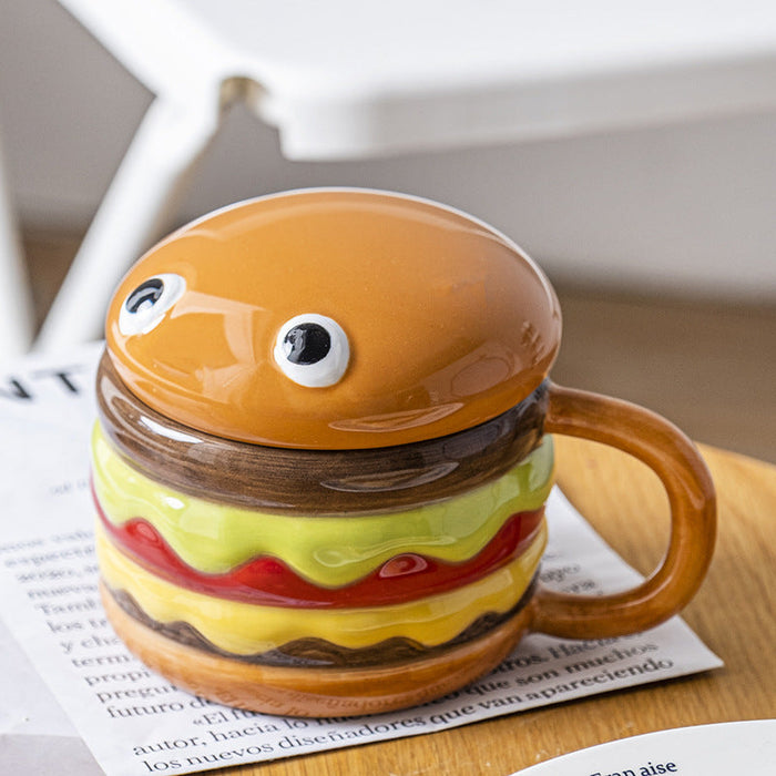 Hamburger-Shaped Ceramic Breakfast Mug with Lid - Large 300mL Capacity