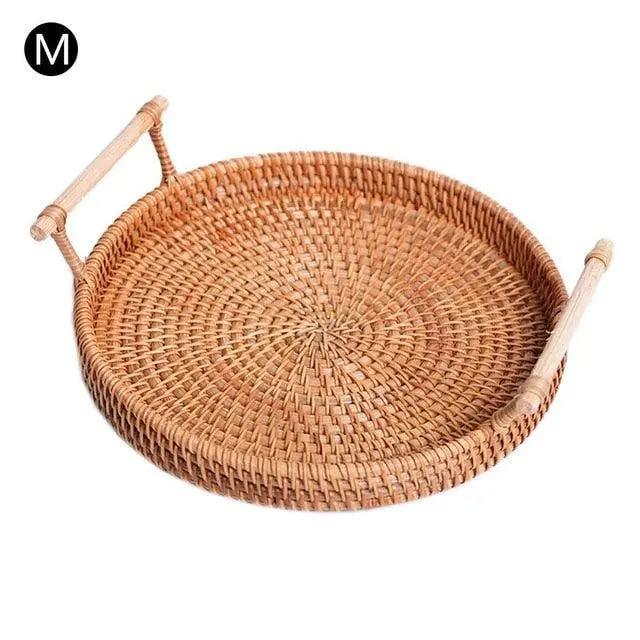 Hand-Woven Rattan Bread Basket with Side Handles - Versatile Eco-Friendly Dining Essential