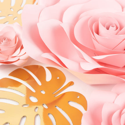 AliKopy Set of 9 Pink 3D Rose Paper Flowers with Gold Palm Leaves Deco