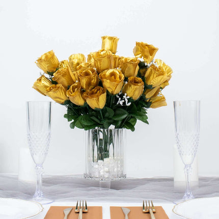 AliKopy 12 Premium Silk Gold Rose Bud Bouquets - Realistic & Durable