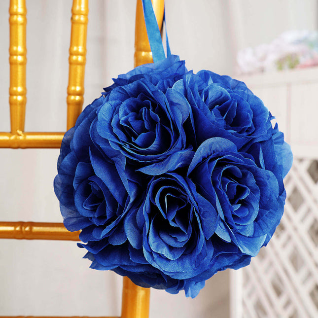 AliKopy 2 Pack 7" Royal Blue Silk Rose Kissing Ball, Elegant Faux Flow