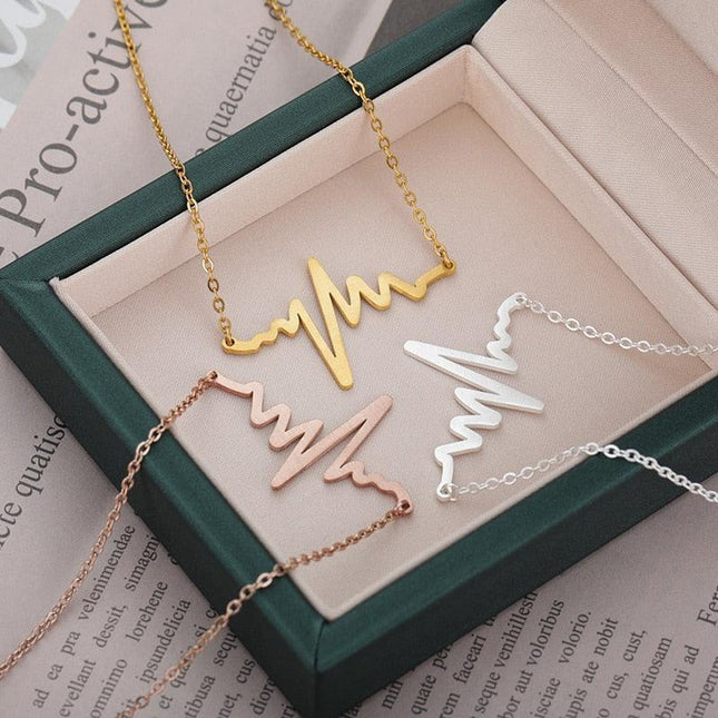 Heartbeat Wave EKG Pendant Necklace in Premium Stainless Steel with Three Elegant Finishes