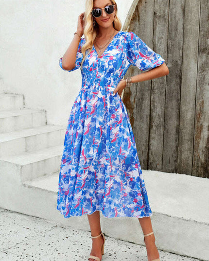 Elegant printed waist V-neck long dress