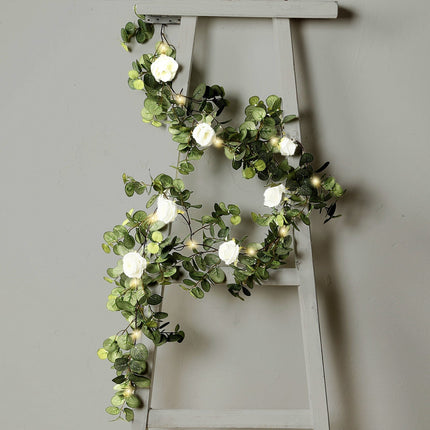 AliKopy 6ft Lighted Eucalyptus Garland with Ivory Roses & Fairy Lights