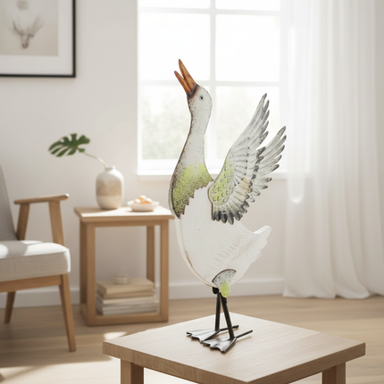 Iron & Wood Duck Garden Statue — Decorative Outdoor Sculpture