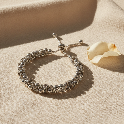 Silver Beaded Bracelet with Intricate Detailing, Choose Your Size | Très Elite