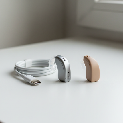 Intelligent Noise Reduction Hearing Aid — 12hr, USB, Silver & Skin Tone | Très Elite