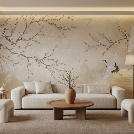 Plum Blossom & Crane Mural Wallpaper — Custom Size, 5 Finishes, Asian Art Style