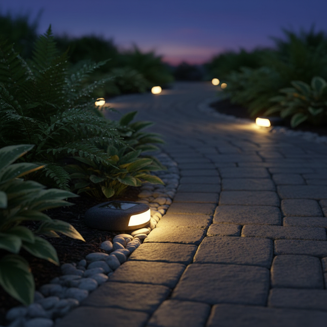 Solar cobblestone garden lamp glowing at dusk on a garden pathway — hero editorial