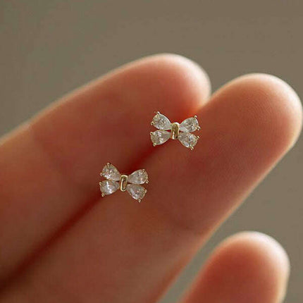 14k gold plated earrings, four diamond bows, sweet design mini earrings