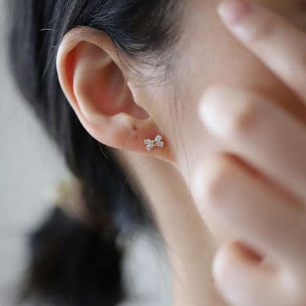 14k gold plated earrings, four diamond bows, sweet design mini earrings