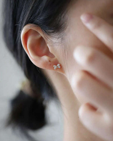 14k gold plated earrings, four diamond bows, sweet design mini earrings