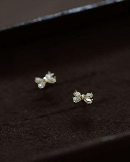 14k gold plated earrings, four diamond bows, sweet design mini earrings
