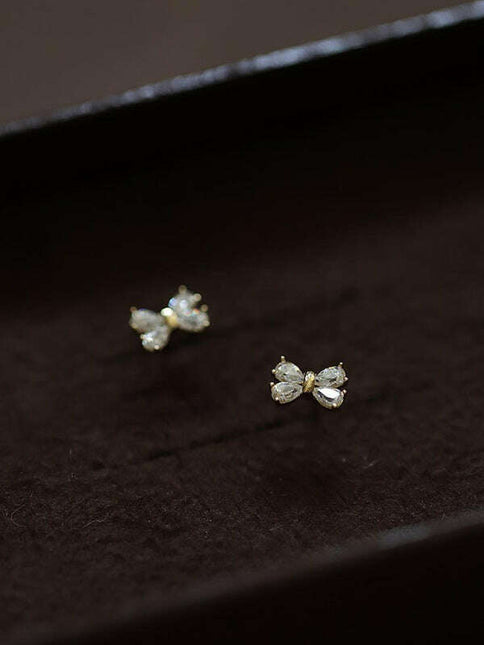 14k gold plated earrings, four diamond bows, sweet design mini earrings