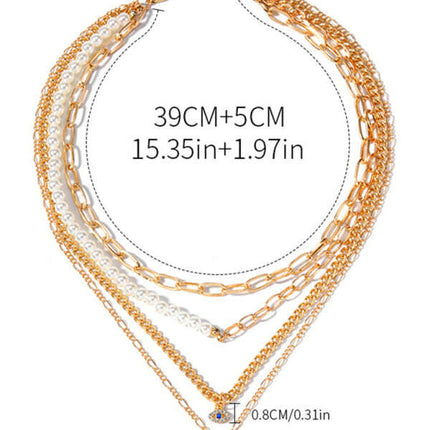 Gold-Plated Multi-Layer Pearl & Eye Necklace – Modern Statement Jewelry