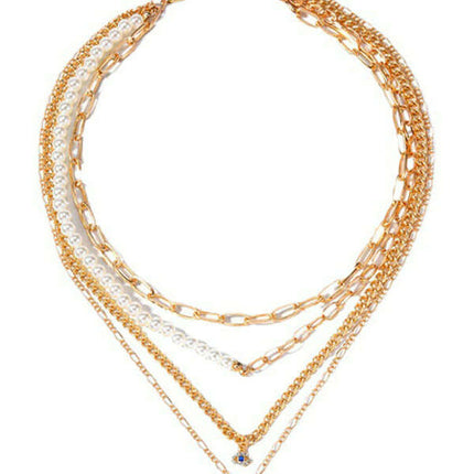 Gold-Plated Multi-Layer Pearl & Eye Necklace – Modern Statement Jewelry