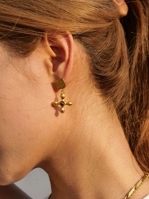 French retro palace style stainless steel natural stone cross necklace/earrings