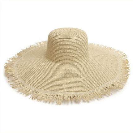 Large Brim Braided Beach Hat – Fur-Trimmed Bohemian Straw Sun Hat