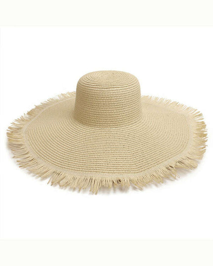 Large Brim Braided Beach Hat – Fur-Trimmed Bohemian Straw Sun Hat