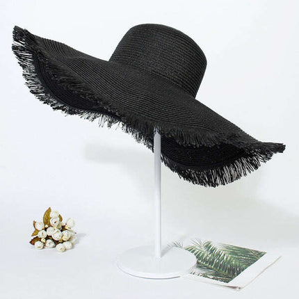 Large Brim Braided Beach Hat – Fur-Trimmed Bohemian Straw Sun Hat