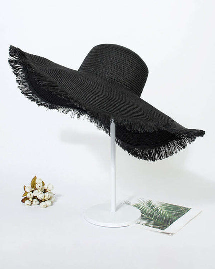Large Brim Braided Beach Hat – Fur-Trimmed Bohemian Straw Sun Hat