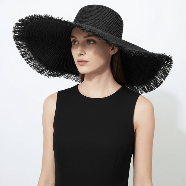 Large Brim Braided Beach Hat – Fur-Trimmed Bohemian Straw Sun Hat