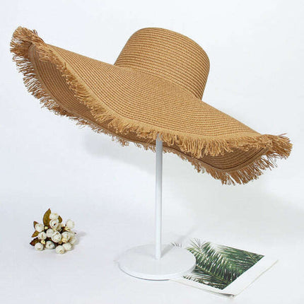 Large Brim Braided Beach Hat – Fur-Trimmed Bohemian Straw Sun Hat