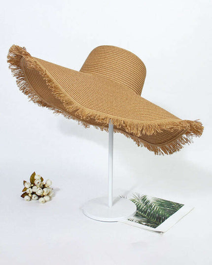 Large Brim Braided Beach Hat – Fur-Trimmed Bohemian Straw Sun Hat