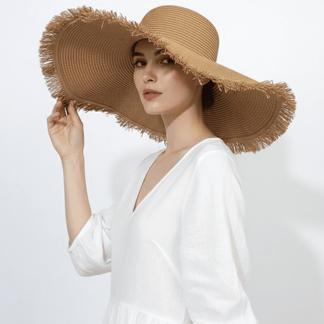 Large Brim Braided Beach Hat – Fur-Trimmed Bohemian Straw Sun Hat