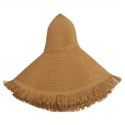 Large Brim Braided Beach Hat – Fur-Trimmed Bohemian Straw Sun Hat