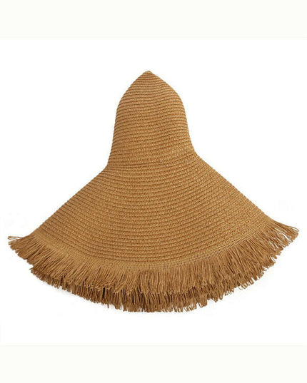 Large Brim Braided Beach Hat – Fur-Trimmed Bohemian Straw Sun Hat