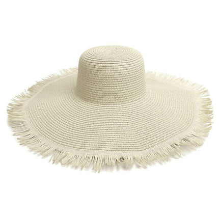 Large Brim Braided Beach Hat – Fur-Trimmed Bohemian Straw Sun Hat