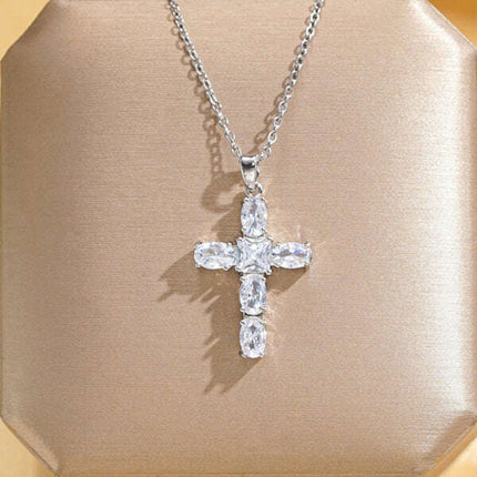 Inlaid zircon cross pendant necklace elegant clavicle chain