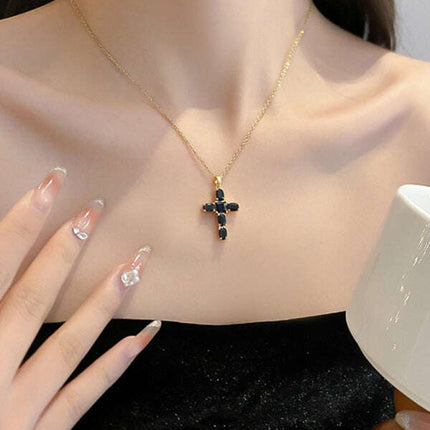 Inlaid zircon cross pendant necklace elegant clavicle chain