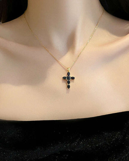 Inlaid zircon cross pendant necklace elegant clavicle chain