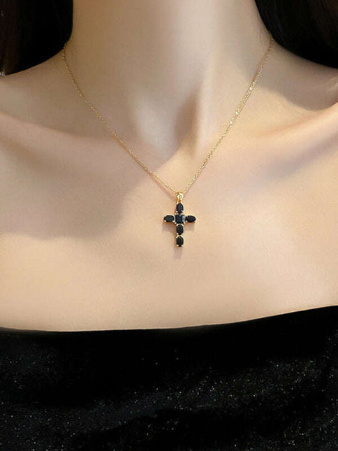 Inlaid zircon cross pendant necklace elegant clavicle chain