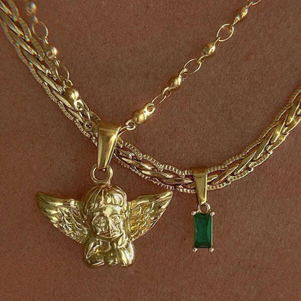 INS retro style angel Cupid + green zircon pendant necklace