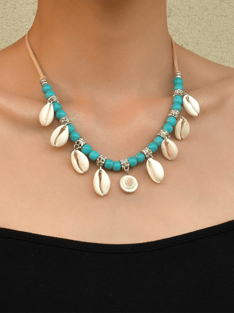 Bohemian Shell Pendant Velvet Braided Necklace – Adjustable Turquoise Beads