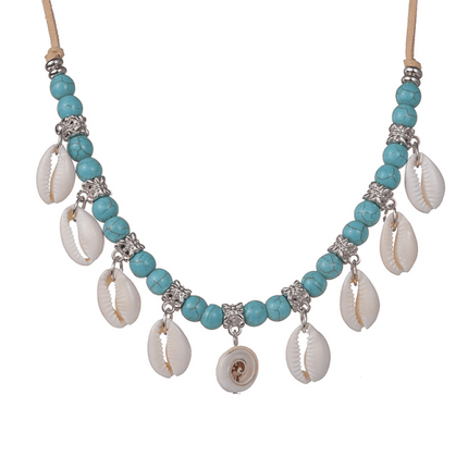 Bohemian Shell Pendant Velvet Braided Necklace – Adjustable Turquoise Beads