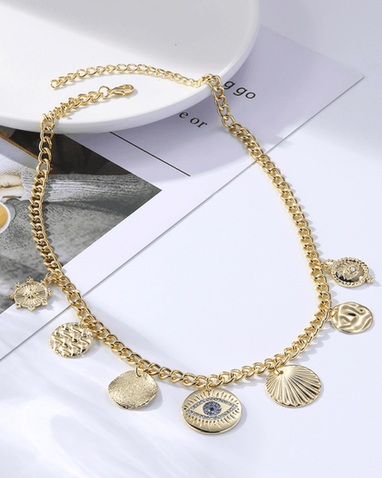 New Bohemian Metal Ancient Coin Multi-Pendant Devil's Eye Necklace