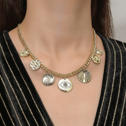 New Bohemian Metal Ancient Coin Multi-Pendant Devil's Eye Necklace