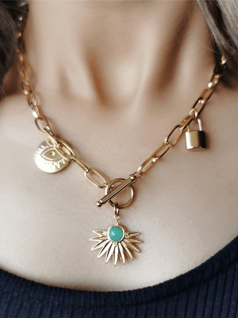 Leaves & Devil's Eye Pendant Necklace – Stainless Steel OT Buckle Collar