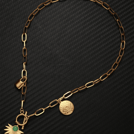 Leaves & Devil's Eye Pendant Necklace – Stainless Steel OT Buckle Collar