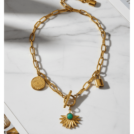 Leaves & Devil's Eye Pendant Necklace – Stainless Steel OT Buckle Collar