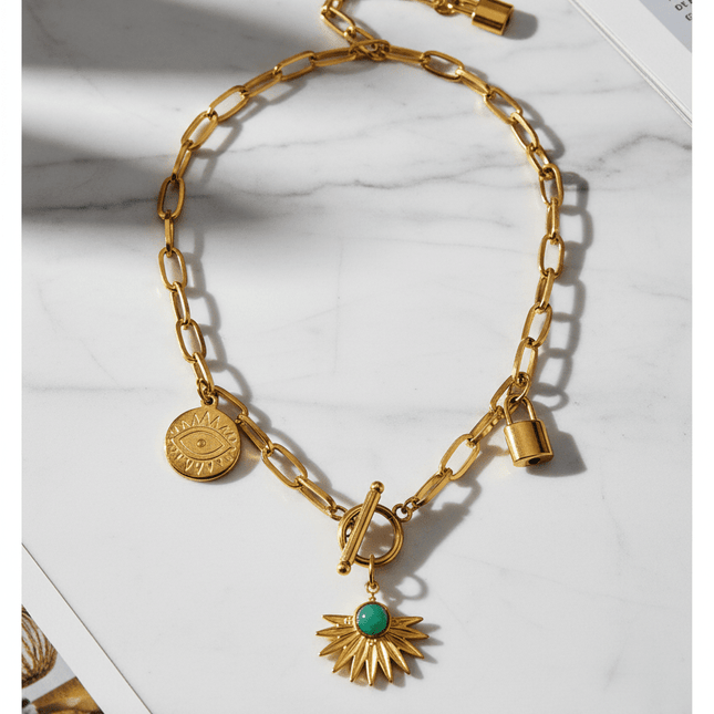 Leaves & Devil's Eye Pendant Necklace – Stainless Steel OT Buckle Collar