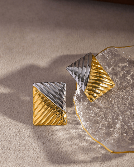 Women's minimalist square texture gold and silver color matching earrings