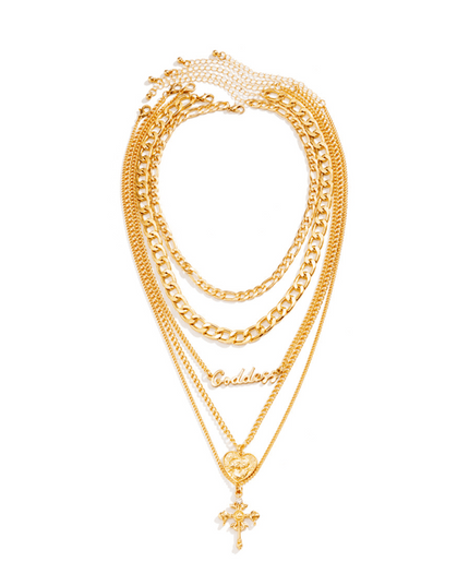 Retro multi-layer portrait cross pendant necklace Hip-hop style letter chain necklace